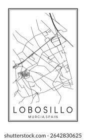 Cartaz impresso à mão do mapa rodoviário do centro do distrito LOBOSILLO da cidade espanhola de MÚRCIA sobre fundo branco sólido com nome de cidade