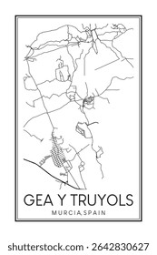 Cartaz de mapa rodoviário desenhado à mão do centro de GEA Y TRUYOLS do distrito da cidade espanhola de MÚRCIA sobre fundo branco sólido com o nome da cidade