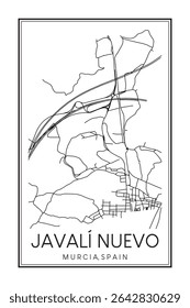 Cartaz impresso à mão do mapa rodoviário do centro do distrito de JAVALÍ NUEVO da cidade espanhola de MÚRCIA sobre fundo branco sólido com nome de cidade