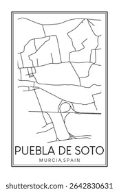 Cartaz de mapa rodoviário impresso desenhado à mão no centro do distrito de PUEBLA DE SOTO da cidade espanhola de MÚRCIA sobre fundo branco sólido com nome de cidade