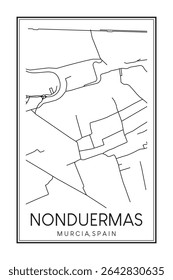 Cartaz do mapa rodoviário do centro de impressão desenhado à mão do distrito NONDUERMAS da cidade espanhola de MÚRCIA sobre fundo branco sólido com o nome da cidade