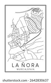 Cartaz impresso à mão do mapa rodoviário do centro do distrito LA ÑORA da cidade espanhola de MÚRCIA sobre fundo branco sólido com nome de cidade