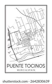 Hand drawn printable downtown road map poster of district PUENTE TOCINOS of the Spanish city of MURCIA on solid white background with city name