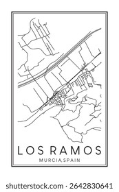 Hand drawn printable downtown road map poster of district LOS RAMOS of the Spanish city of MURCIA on solid white background with city name