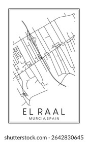 Cartaz de mapa rodoviário desenhado à mão do centro de EL RAAL do distrito da cidade espanhola de MÚRCIA sobre fundo branco sólido com o nome da cidade