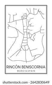 Cartaz de mapa rodoviário desenhado à mão do centro do distrito RINCÓN BENISCORNIA da cidade espanhola de MÚRCIA sobre fundo branco sólido com nome de cidade