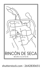 Cartaz de mapa rodoviário desenhado à mão no centro da cidade de MÚRCIA, distrito de RINCÓN DE SECA, sobre fundo branco sólido com nome de cidade