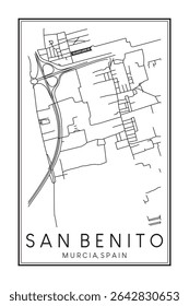 Cartaz impresso à mão do mapa rodoviário do centro do distrito SAN BENITO da cidade espanhola de MÚRCIA sobre fundo branco sólido com nome de cidade