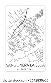 Hand drawn printable downtown road map poster of district SANGONERA LA SECA of the Spanish city of MURCIA on solid white background with city name