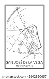 Hand drawn printable downtown road map poster of district SAN JOSÉ DE LA VEGA of the Spanish city of MURCIA on solid white background with city name
