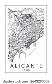Cartaz impresso à mão do mapa rodoviário do centro da cidade espanhola de ALICANTE sobre fundo branco sólido com o nome da cidade