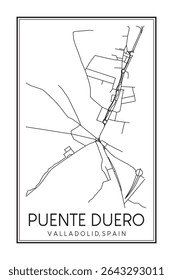 Cartaz de mapa rodoviário desenhado à mão do centro de PUENTE DUERO do distrito da cidade espanhola de VALLADOLID no fundo branco sólido com o nome da cidade