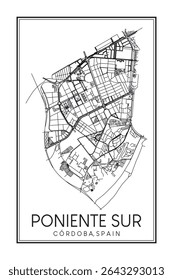 Cartaz de mapa rodoviário impresso desenhado à mão no centro do distrito PONIENTE SUR da cidade espanhola de CÓRDOBA sobre fundo branco sólido com nome de cidade