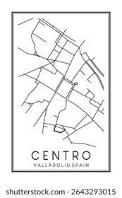Cartaz do mapa rodoviário do centro de impressão desenhado à mão do distrito CENTRO da cidade espanhola de VALLADOLID no fundo branco sólido com o nome da cidade