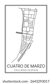 Hand drawn printable downtown road map poster of district CUATRO DE MARZO of the Spanish city of VALLADOLID on solid white background with city name