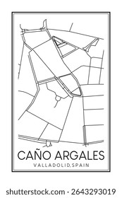 Cartaz desenhado à mão do mapa rodoviário do centro de impressão do distrito CAÑO ARGALES da cidade espanhola de VALLADOLID sobre fundo branco sólido com o nome da cidade