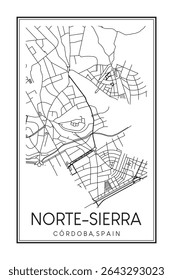 Hand drawn printable downtown road map poster of district NORTE-SIERRA of the Spanish city of CÓRDOBA on solid white background with city name