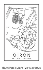 Cartaz do mapa rodoviário do centro de impressão desenhado à mão do distrito GIRÓN da cidade espanhola de VALLADOLID no fundo branco sólido com o nome da cidade