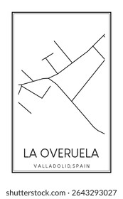 Cartaz de mapa rodoviário desenhado à mão do centro do distrito LA OVERUELA da cidade espanhola de VALLADOLID sobre fundo branco sólido com nome de cidade