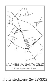 Hand drawn printable downtown road map poster of district LA ANTIGUA-SANTA CRUZ of the Spanish city of VALLADOLID on solid white background with city name