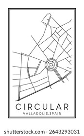 Hand drawn printable downtown road map poster of district CIRCULAR of the Spanish city of VALLADOLID on solid white background with city name