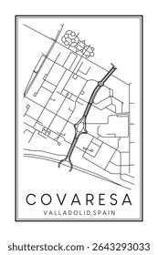 Cartaz do mapa rodoviário do centro de impressão desenhado à mão do distrito COVARESA da cidade espanhola de VALLADOLID no fundo branco sólido com o nome da cidade