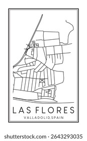 Hand drawn printable downtown road map poster of district LAS FLORES of the Spanish city of VALLADOLID on solid white background with city name