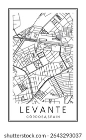 Cartaz do mapa rodoviário do centro de impressão desenhado à mão do distrito LEVANTE da cidade espanhola de CÓRDOBA sobre fundo branco sólido com nome da cidade