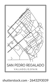 Cartaz de mapa rodoviário desenhado à mão do centro do distrito SAN PEDRO REGALADO da cidade espanhola de VALLADOLID sobre fundo branco sólido com nome de cidade