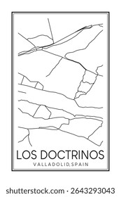 Cartaz de mapa rodoviário do centro de impressão desenhado à mão do distrito LOS DOCTRINOS da cidade espanhola de VALLADOLID sobre fundo branco sólido com nome de cidade