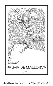 Hand drawn printable downtown road map poster of the Spanish city of PALMA DE MALLORCA on solid white background with city name