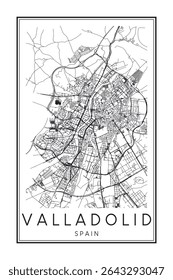Cartaz do mapa rodoviário do centro da cidade espanhola de VALLADOLID desenhado à mão sobre fundo branco sólido com o nome da cidade