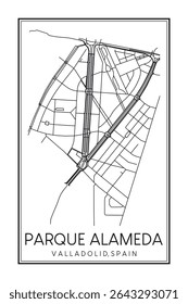 Cartaz do mapa rodoviário do centro de impressão desenhado à mão do distrito PARQUE ALAMEDA da cidade espanhola de VALLADOLID no fundo branco sólido com o nome da cidade