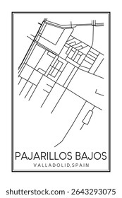 Cartaz de mapa rodoviário desenhado à mão no centro de PAJARILLOS BAJOS do distrito da cidade espanhola de VALLADOLID sobre fundo branco sólido com nome de cidade