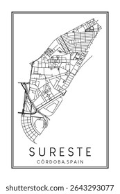 Cartaz de mapa rodoviário impresso desenhado à mão no centro do distrito SURESTE da cidade espanhola de CÓRDOBA sobre fundo branco sólido com nome de cidade