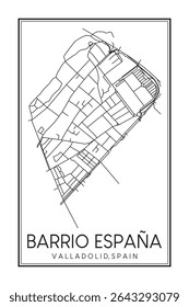 Cartaz desenhado à mão do mapa rodoviário do centro de BARRIO ESPAÑA do distrito da cidade espanhola de VALLADOLID no fundo branco sólido com o nome da cidade