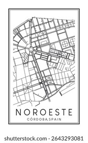Cartaz de mapa rodoviário impresso desenhado à mão no centro do distrito NOROESTE da cidade espanhola de CÓRDOBA sobre fundo branco sólido com nome de cidade