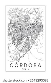 Cartaz impresso à mão do mapa rodoviário do centro da cidade espanhola de CÓRDOBA sobre fundo branco sólido com o nome da cidade