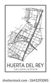 Cartaz de mapa rodoviário desenhado à mão do centro do distrito HUERTA DEL REY da cidade espanhola de VALLADOLID sobre fundo branco sólido com nome de cidade