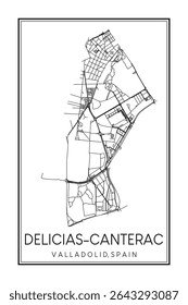 Cartaz do mapa rodoviário do centro de impressão desenhado à mão do distrito DELICIAS-CANTERAC da cidade espanhola de VALLADOLID no fundo branco sólido com o nome da cidade