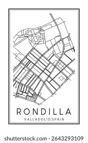 Cartaz do mapa rodoviário do centro de impressão desenhado à mão do distrito RONDILLA da cidade espanhola de VALLADOLID no fundo branco sólido com o nome da cidade
