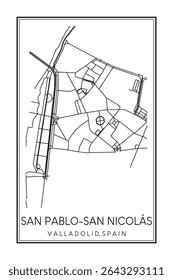 Cartaz impresso à mão do mapa rodoviário do centro do distrito SAN PABLO-SAN NICOLÁS da cidade espanhola de VALLADOLID sobre fundo branco sólido com nome de cidade