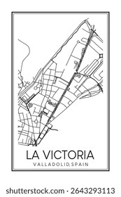 Cartaz impresso à mão do mapa rodoviário do centro do distrito LA VICTORIA da cidade espanhola de VALLADOLID no fundo branco sólido com o nome da cidade