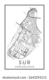 Cartaz desenhado à mão do mapa rodoviário do centro da cidade de CÓRDOBA, no distrito de SUR, sobre fundo branco sólido com o nome da cidade