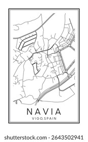 Cartaz do mapa rodoviário do centro de impressão desenhado à mão do distrito NAVIA da cidade espanhola de VIGO no fundo branco sólido com o nome da cidade