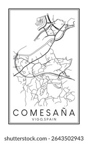 Cartaz desenhado à mão do mapa rodoviário do centro de impressão do distrito COMESAÑA da cidade espanhola de VIGO no fundo branco sólido com o nome da cidade