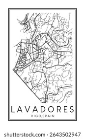 Cartaz do mapa rodoviário do centro de impressão desenhado à mão do distrito de LAVADORES da cidade espanhola de VIGO no fundo branco sólido com o nome da cidade