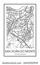 Cartaz impresso à mão do mapa rodoviário do centro do distrito SAN XOÁN DO MONTE da cidade espanhola de VIGO sobre fundo branco sólido com nome de cidade