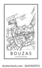 Cartaz do mapa rodoviário do centro de impressão desenhado à mão do distrito BOUZAS da cidade espanhola de VIGO no fundo branco sólido com o nome da cidade