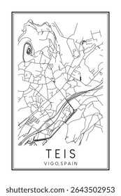 Hand drawn printable downtown road map poster of district TEIS of the Spanish city of VIGO on solid white background with city name
